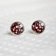 Wine red Pattern Stud Earrings.Flower Glass Earrings.Flower Earrings.Wine red Glass Jewelry.Silver Earrings.12mm Round(ER39)