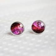 Pink Galaxy universe Stud Earrings.with glass dome.Cosmic Nebula Glass Earrings.12mm Round,Post Earrings.silver earrings(ER30)