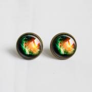 Galaxy universe Stud Earrings.with glass dome.Cosmic Nebula Glass Earrings.14mm Round,Glass Jewelry.Green And Yellow Earrings (ER18)