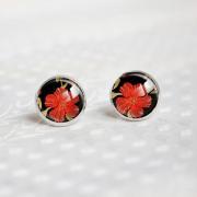 Black red flowers Stud Earrings.silver earrings.Glass Earrings.Picture Earrings.Post Earrings.12mm Round.Glass Jewelry.Flower Earrings(ER25)