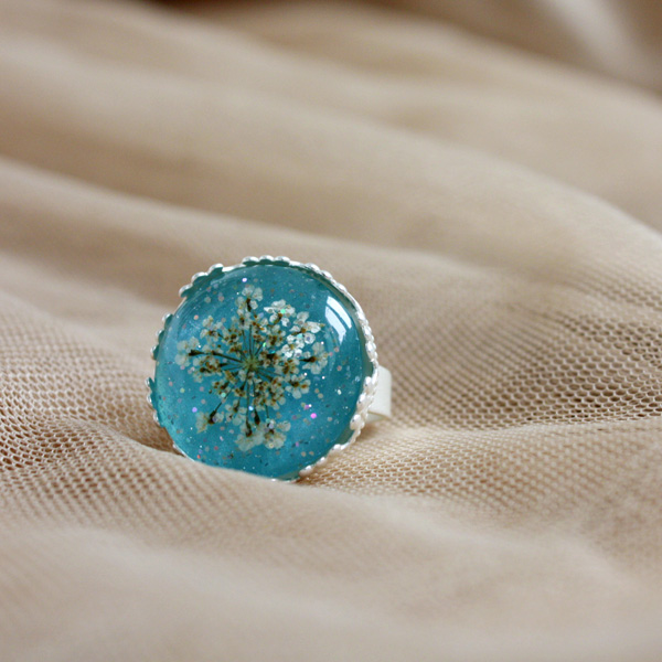Blue Pressed Flower Resin Ring. Size.matte-silver.flower Resin